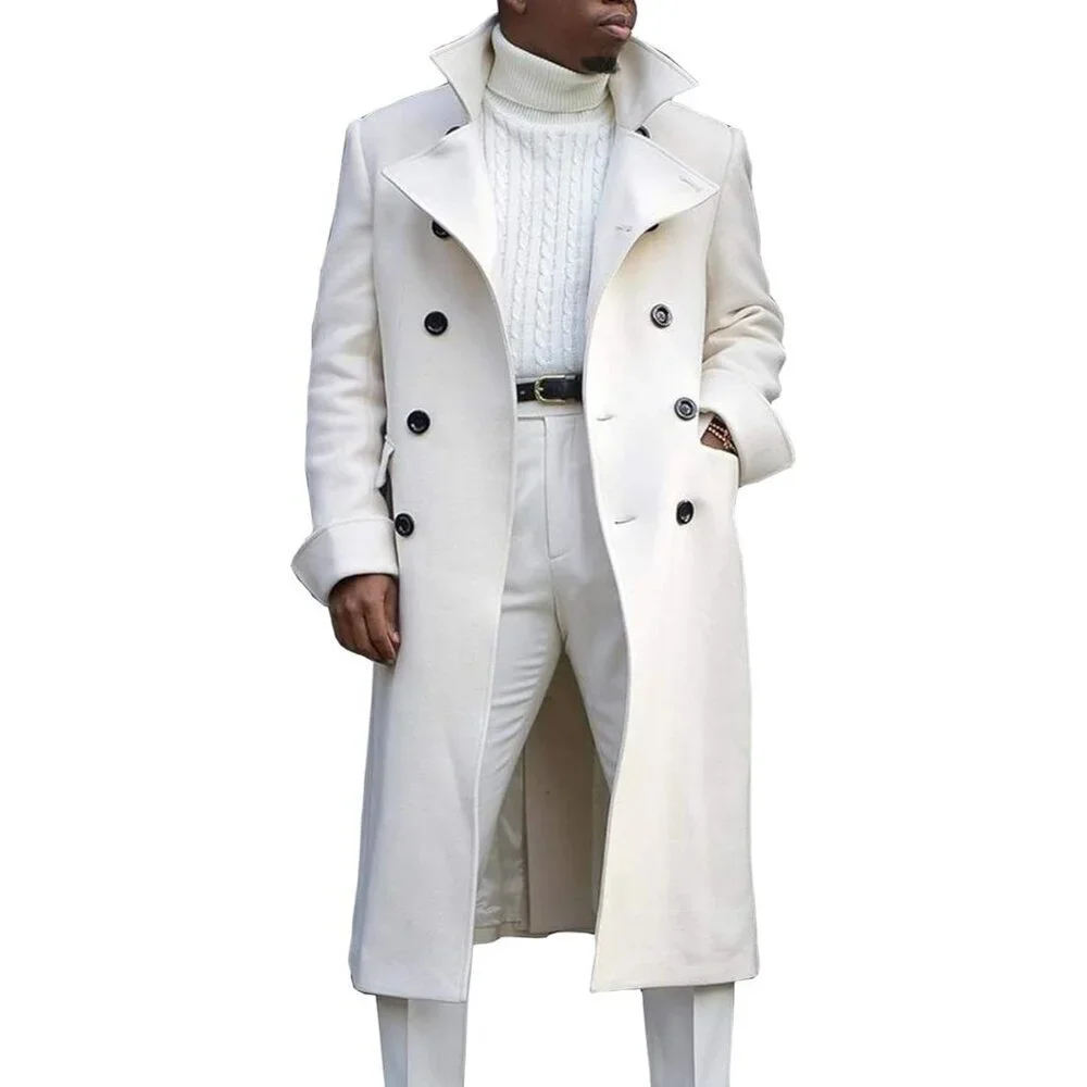 Men's White Notch Lapel Double Breasted Long Trench Coat Cotton Blend Pea Coat